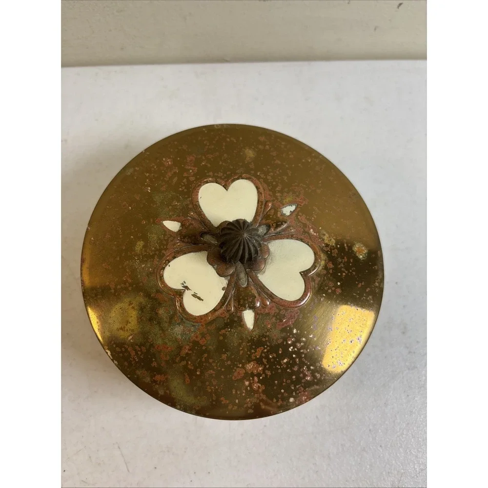 Brass & Glass Powder Hearts Vanity Trinket‎ Jar Art Deco VTG